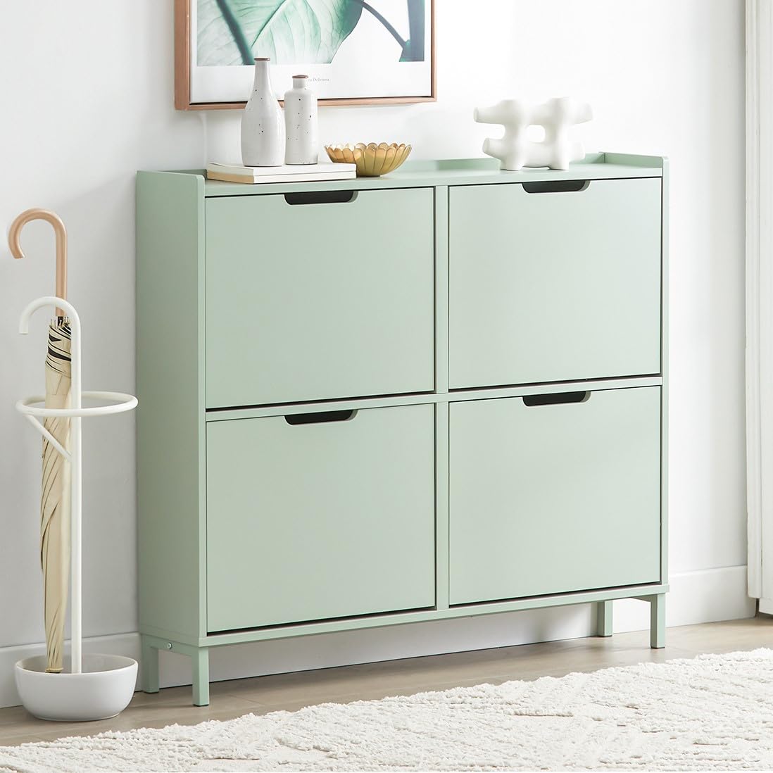 Haotian Green Shoe Cabinet with 4 Flip-Drawers, Narrow Freestanding Shoe Rack, Slim Shoe Organiazer for Entryway Hallway Mudroom(7.5" D x 39.4" W x