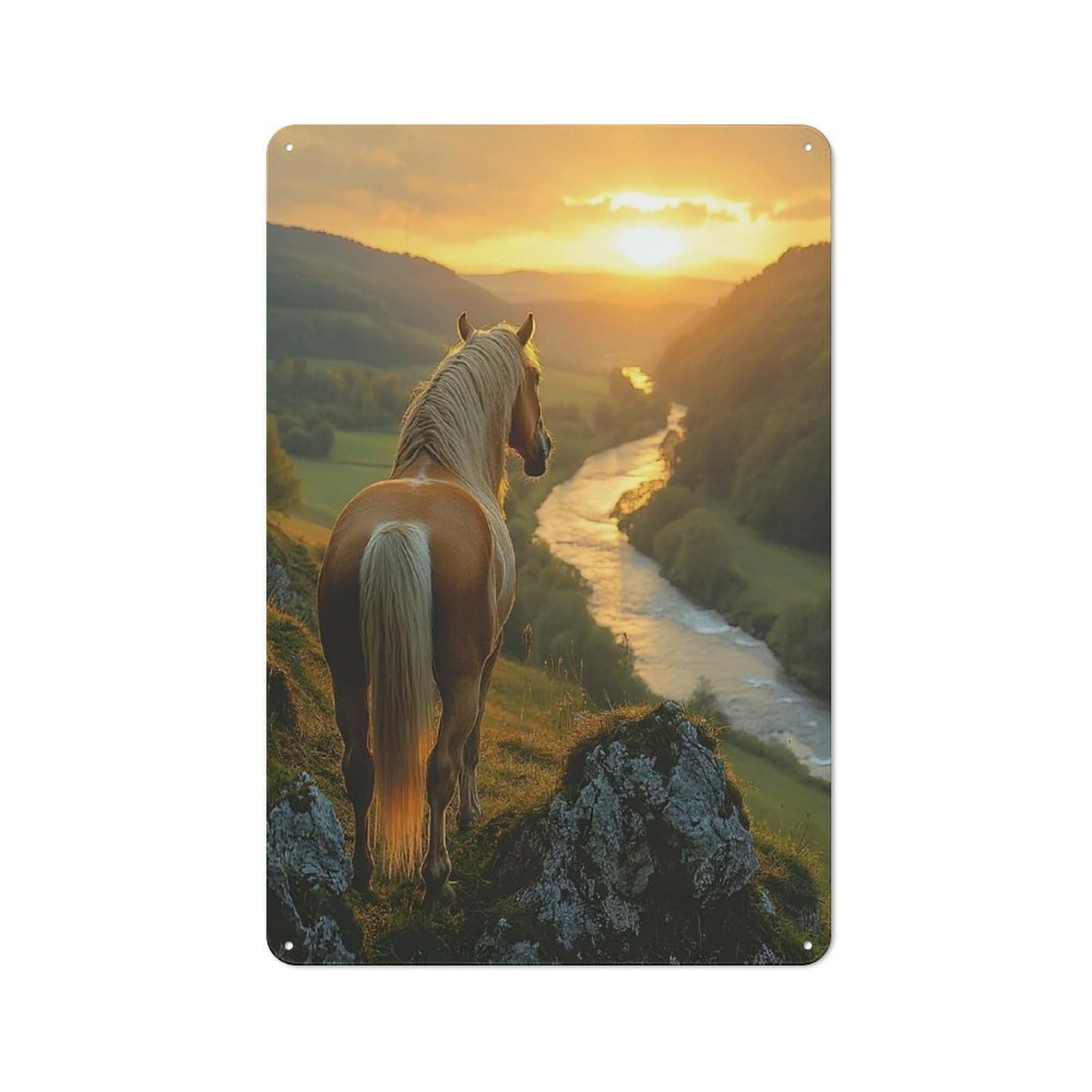 Old Style Horse Overlooking A Sunset River Valley Metal Sign 30x20cm, Bar Wall Plaque for Diner, Restaurant, Shed Or Kitchen