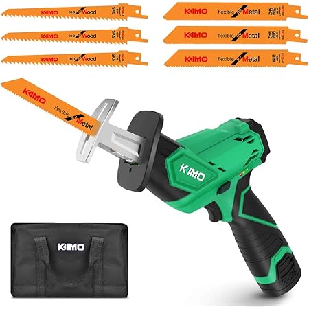 Amazon Kimo 電動 のこぎり レシプロソー 充電 のこぎり 12ｖ 2ahリチウムイオンバッテリ 無断変速 コードレス ストローク長13mm ストローク数2300 回 分 小型 金属切断 木工切断 粗大ごみ 枝切り 枝剪定に適用 木材用ブレード3本 金属用ブレード3本 多材料用