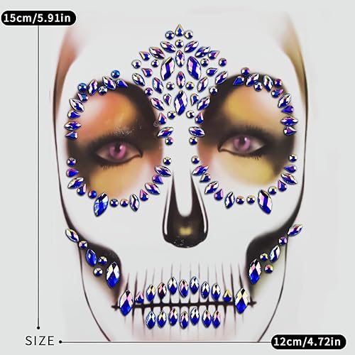 Miniatura 6 de Día de los Muertos Calavera Temporal Rhinestone Tatuaje de la cara de Calavera de Azúcar Joyas de la Cara Pegatinas de la Cara Gemas Kit de
