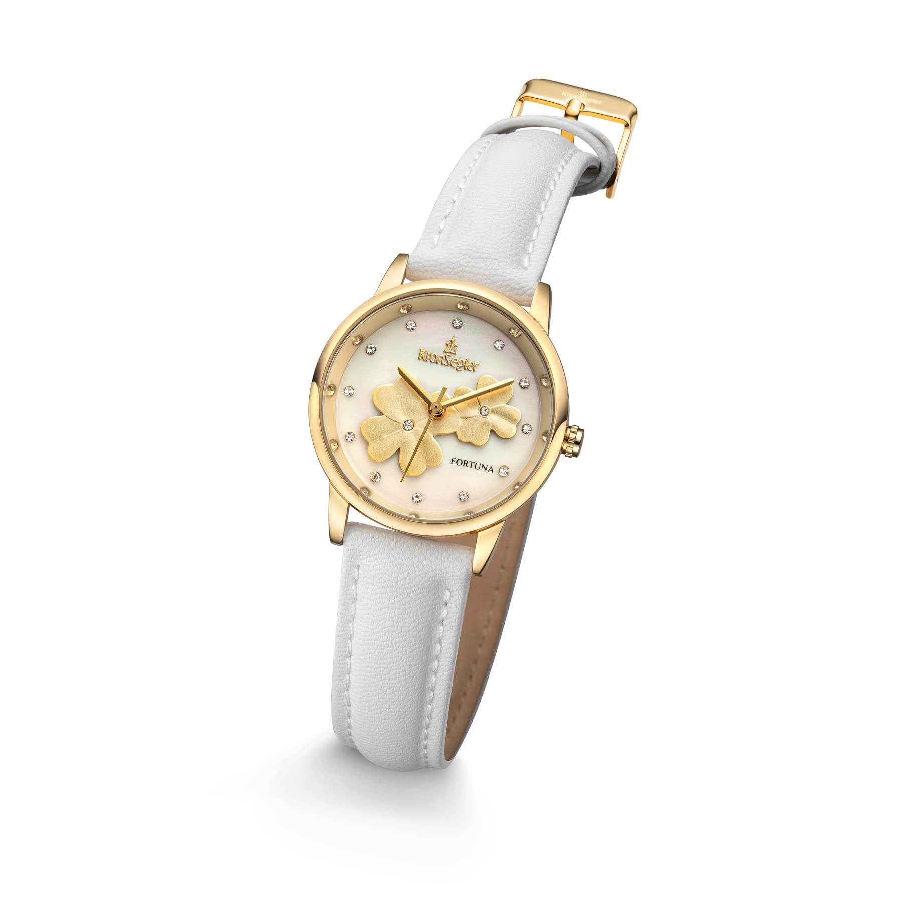 Kronsegler Orologio da donna Fortuna placcato oro - bianco | zirconia, cinturino in morbida fibra di mela vegana, quadrante bianco con trifoglio d'oro