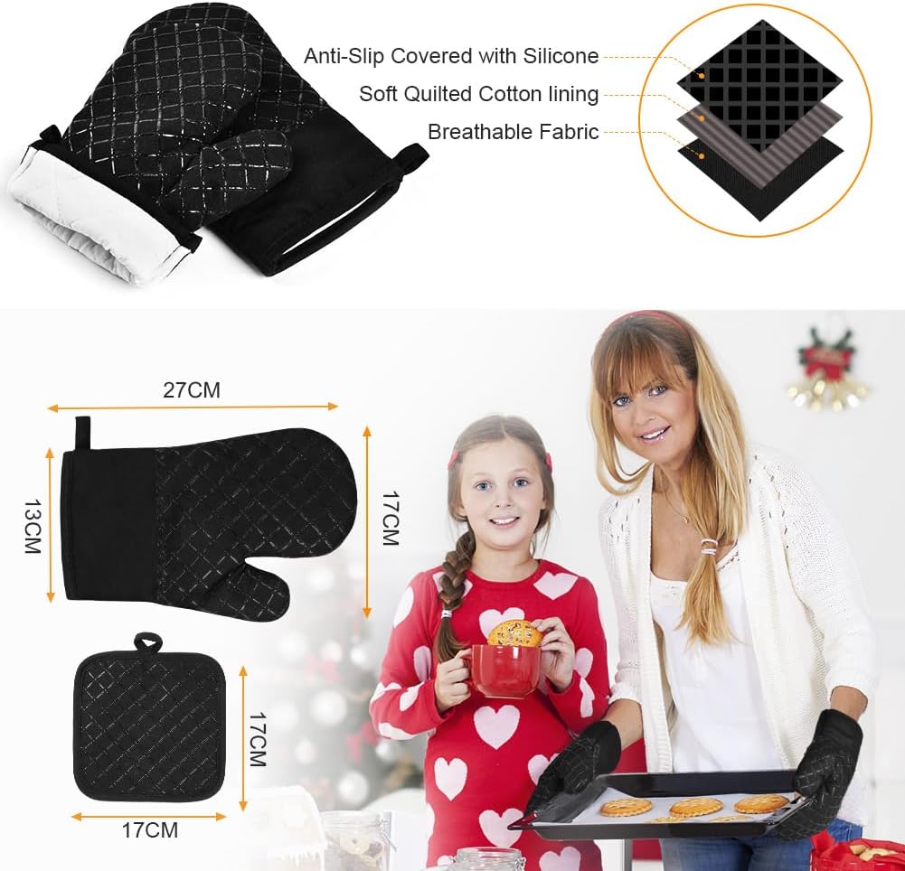 AUAUY Oven Mitts and Pot Holders 4PCS Set, 230°C/446°F Heat Resistant BBQ Gloves, Extra Thicken Long Cotton Oven Mittens, Silicone Stripes Non-Slip Kitchen Mittens for Cooking Baking Grilling - Image 2