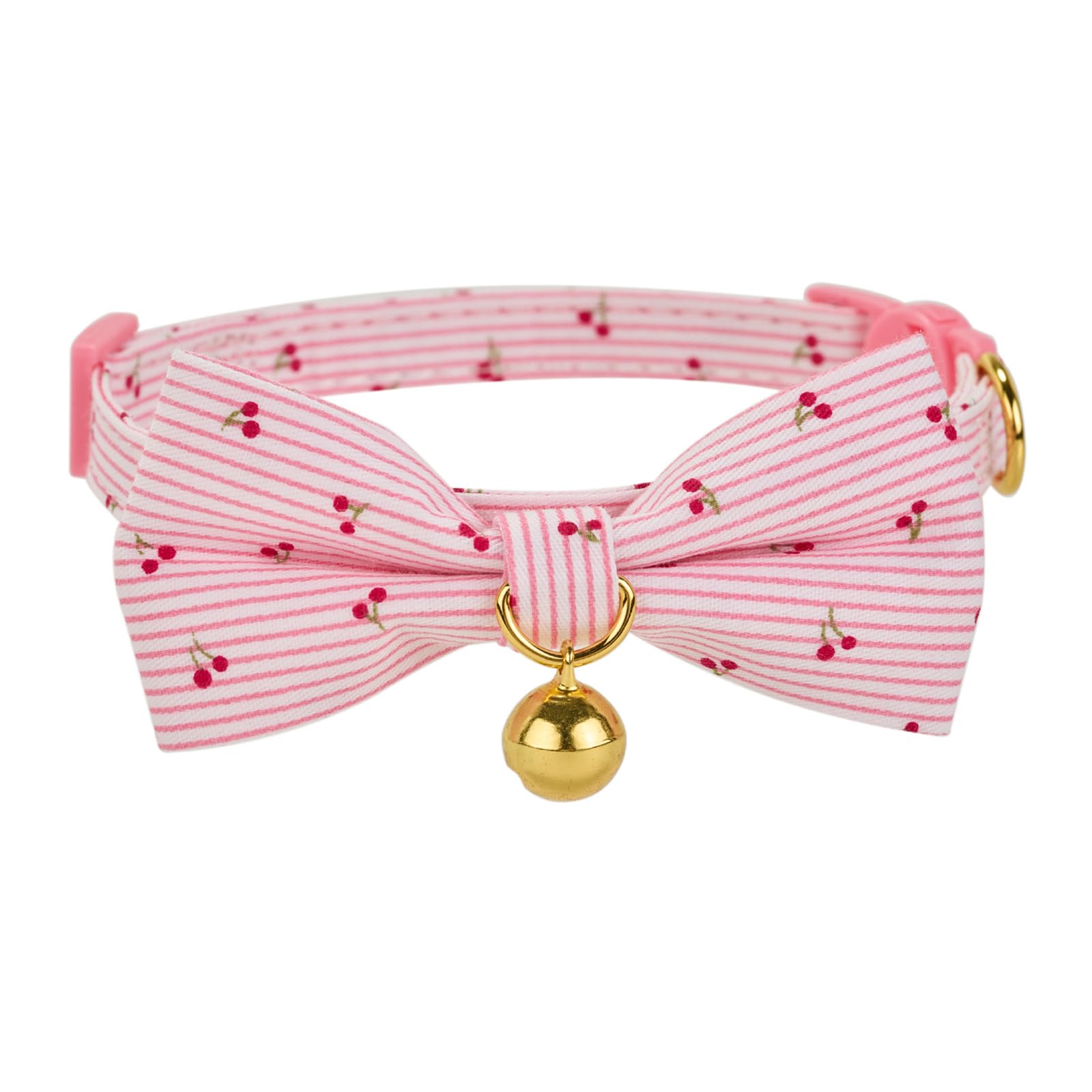 Petiry Pink Striped Cotton Cat Collar with Removable Bowtie Breakaway Buckle,Bell & D-Ring for Kittens Cats,Pack of 1,Cherry Pattern