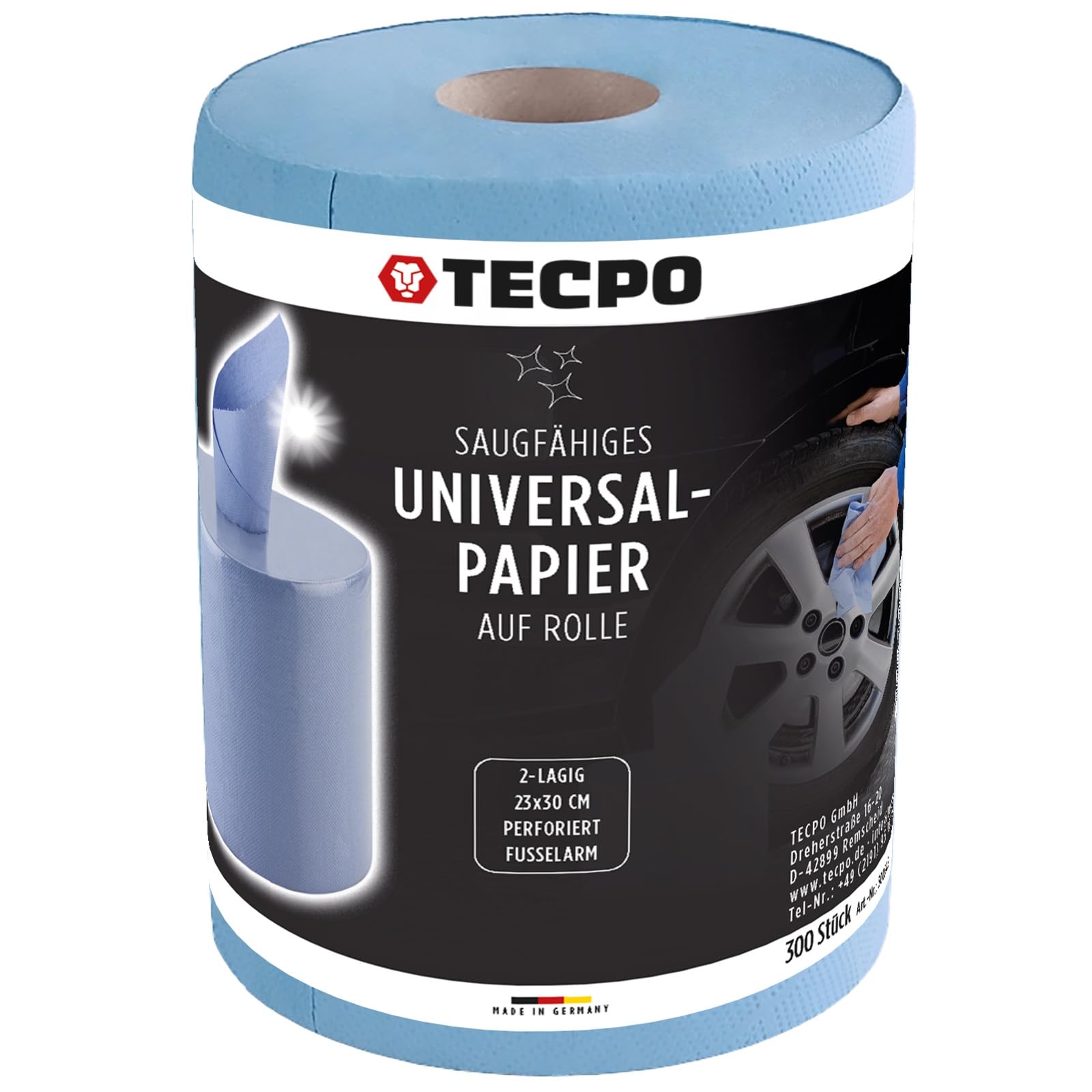 TECPO Rotolo di carta da 3600 fogli, 23 x 30 cm, a 2 strati perforati, rotolo di panno riciclato blu, per pulizia assorbente, adatto per industria, officina, ristorante e commerciale (12 x 300 fogli)