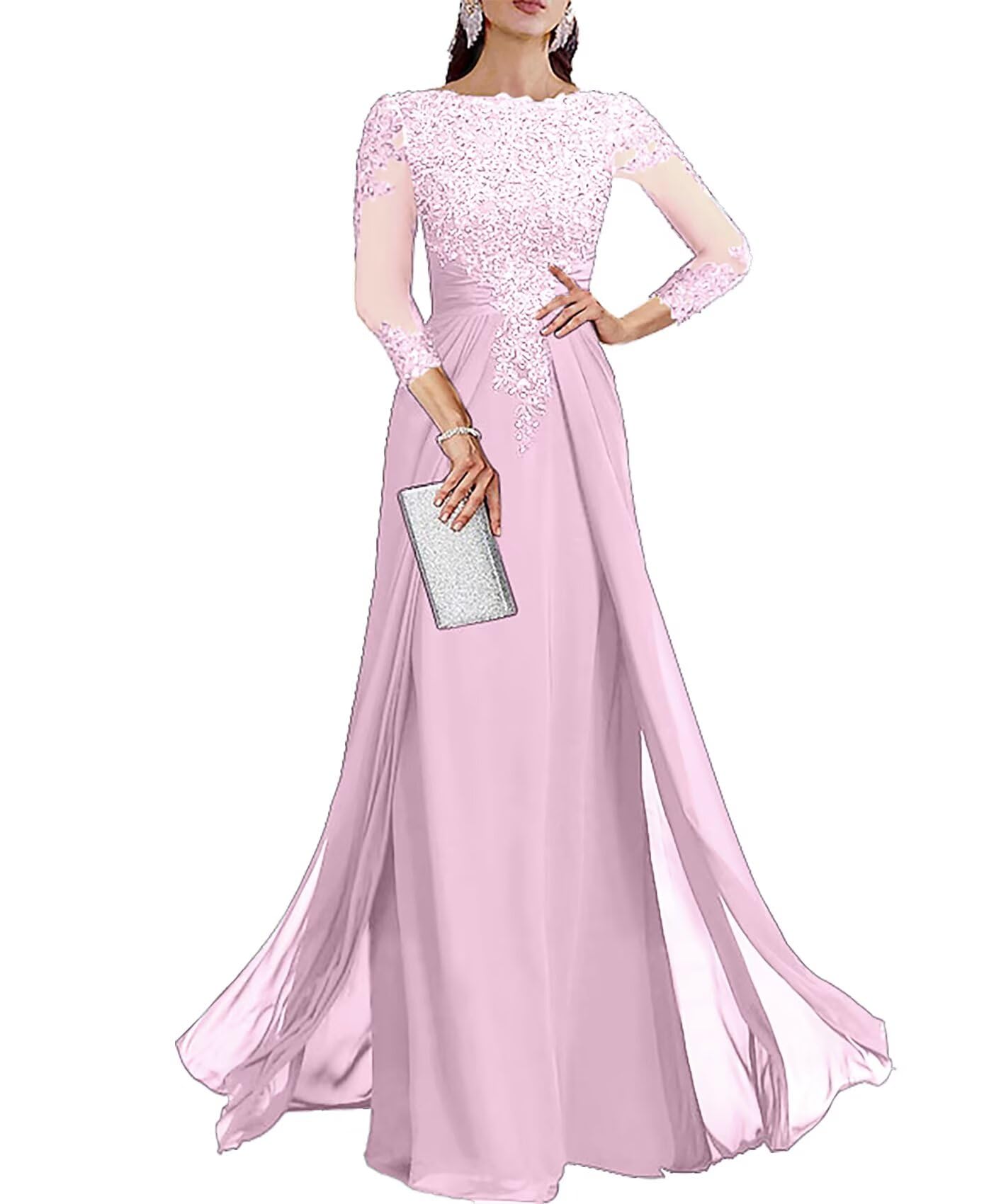Chiffon Mother of The Bride Dresses for Wedding 3 4 Sleeve Lace Applique Formal Evening Dress