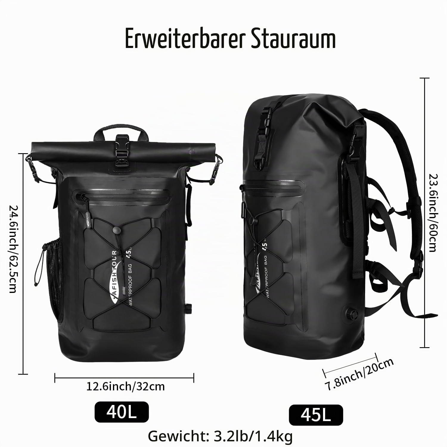 45L Wasserdichter Rucksack für Damen und Herren: Rollverschluss Dry-Bag mit Schwimmfunktion für Kajak, Rafting(Schwarz)