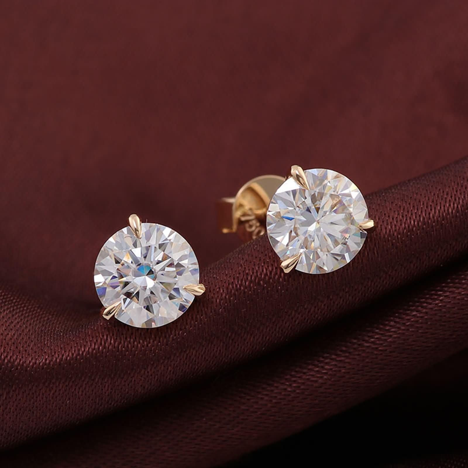 Gold Ohrringe 375/585 / 750 Damen, 3 Zinken Rund mit Moissanit, Hochzeit Damen Ohrringe Gold