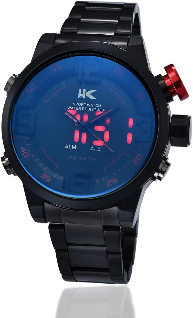 Yaki Men's LED Alarm Digital Analog Quartz Sport Black Stainless Steel Band Waterproof Wrist Watch