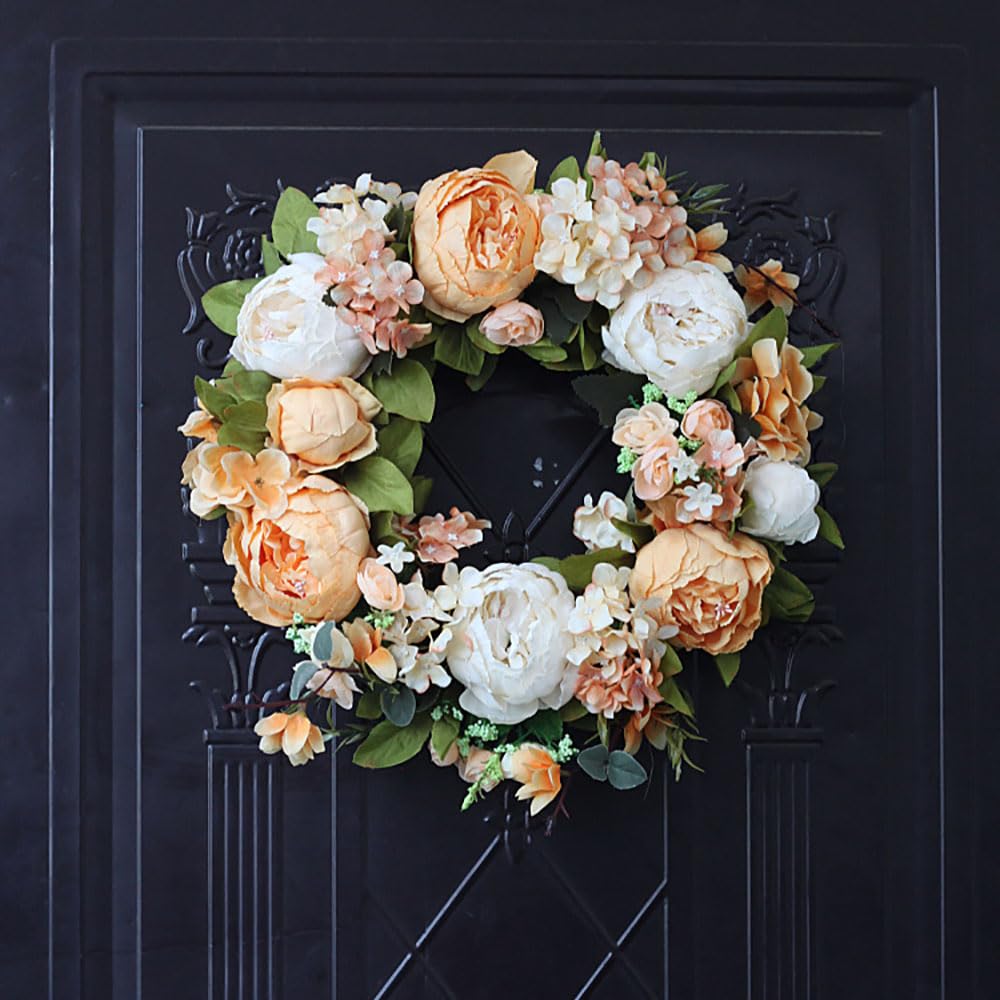 Couronne florale de pivoine artificielle en soie - 35 cm - Décoration de porte orange - Pour printemps, été, automne, hiver - Grande couronne pour porte d'entrée extérieure, intérieur, mariage,