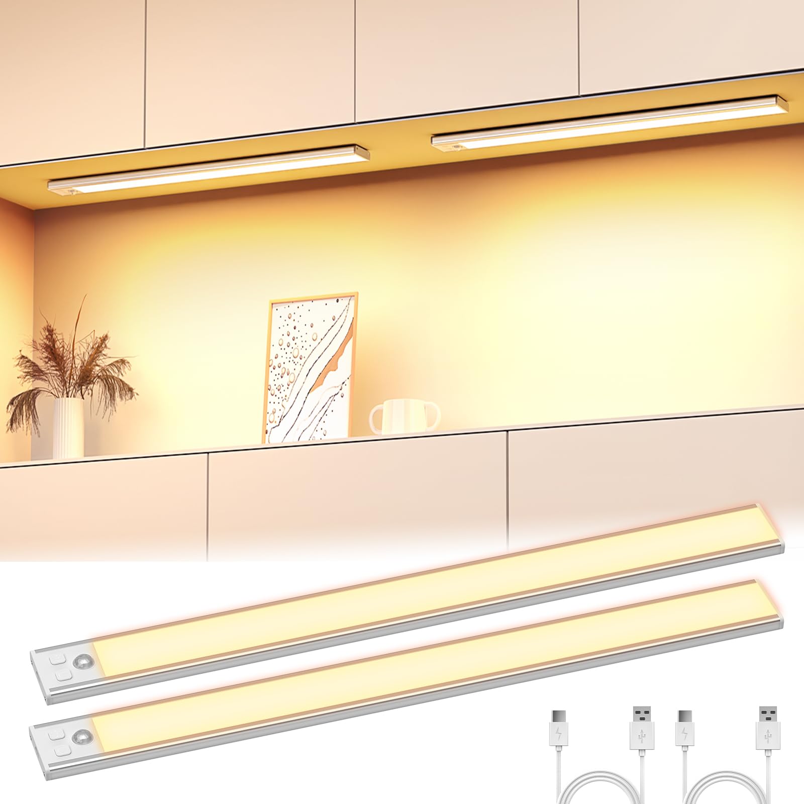 OUILA Schrankbeleuchtung LED mit Bewegungsmelder 41CM Unterbauleuchte Küche LED USB-C wiederaufladbar LED-Licht Dimmbar kabellos Nachtlicht für Küche Kleiderschrank Schrank