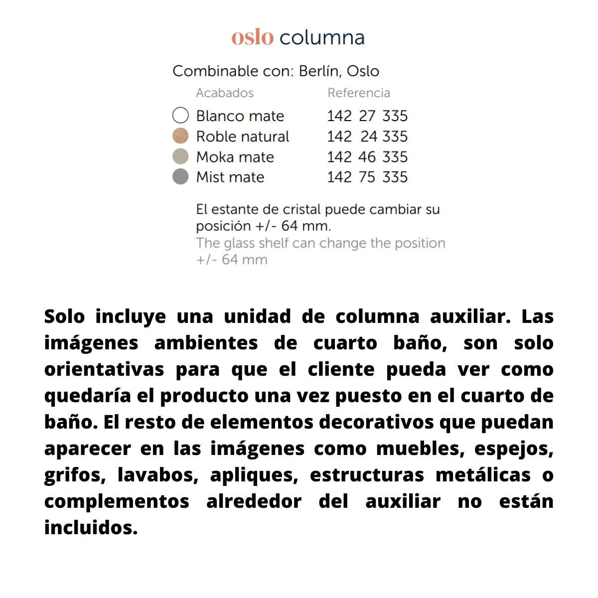 Oslo Columna de Baño Suspendida 1 Puerta | Armario Alto Baño Colgante 140cm de Alto x 34,9cm de Ancho x 32cm de Fondo | Blanco Mate