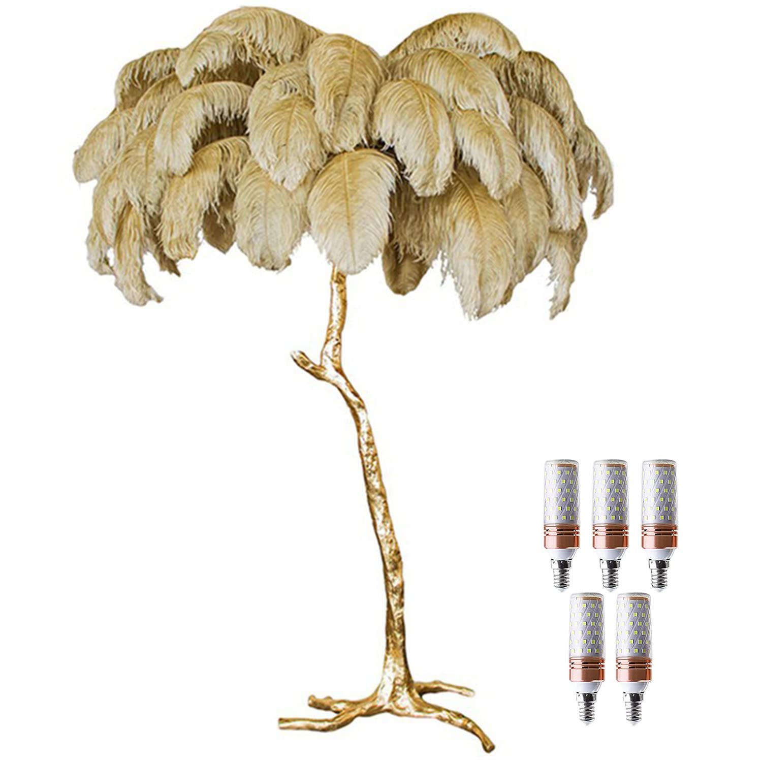 Modern Ostrich Feather Floor Lamp - Dimmable Ostrich Feather Floor Lamp - Perfect Bedroom & Living Room Standing Light with Footswitch and Light Sources Included