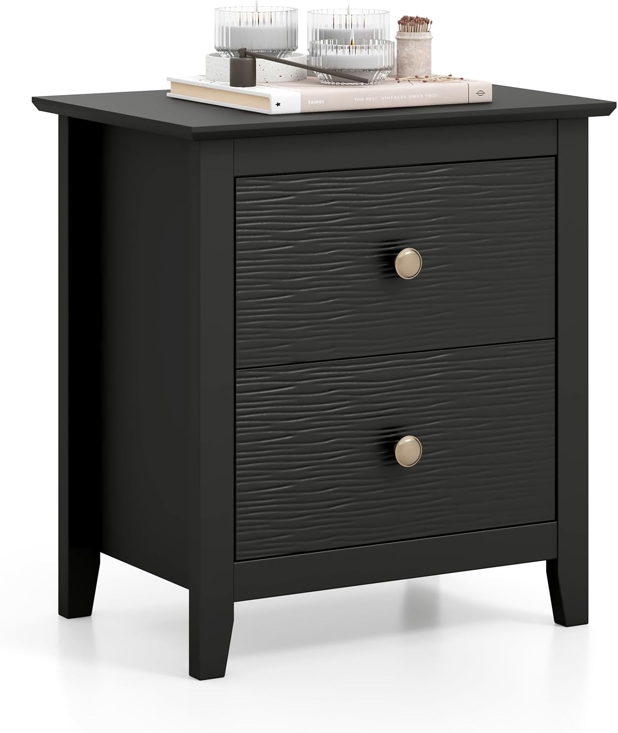 Giantex Black Nightstand, Modern 2 Drawers Night Stand with Handles, Sofa Side Table with Sturdy Legs for Small Spaces, College Dorm, Kids’ Room, Wooden Bedside Table for Bedroom, Black