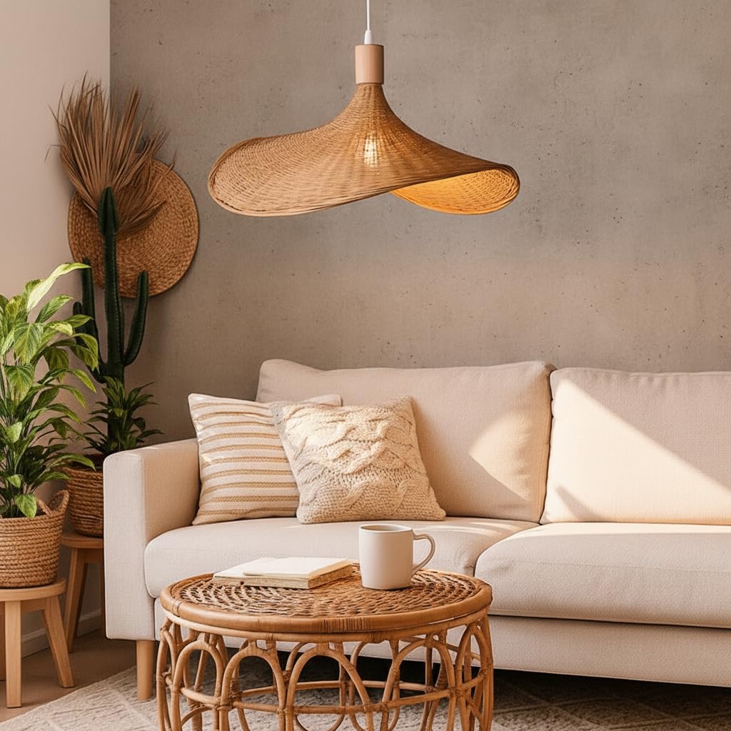 BARCELONA LED Lámpara Colgante de Mimbre y Bambú Bellas con Portalámparas de Madera, Estilo Nórdico Japonés Moderno Natural Industrial Clásico, E27, Techo InteriorÑÑ