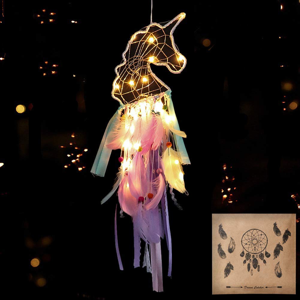 Dremisland Light Up Unicorn Dream Catcher Room Decor Gift - Purple Pink Green Feather Hanging for Party Supplies, Kid's Room, Tent (LED)-image-36