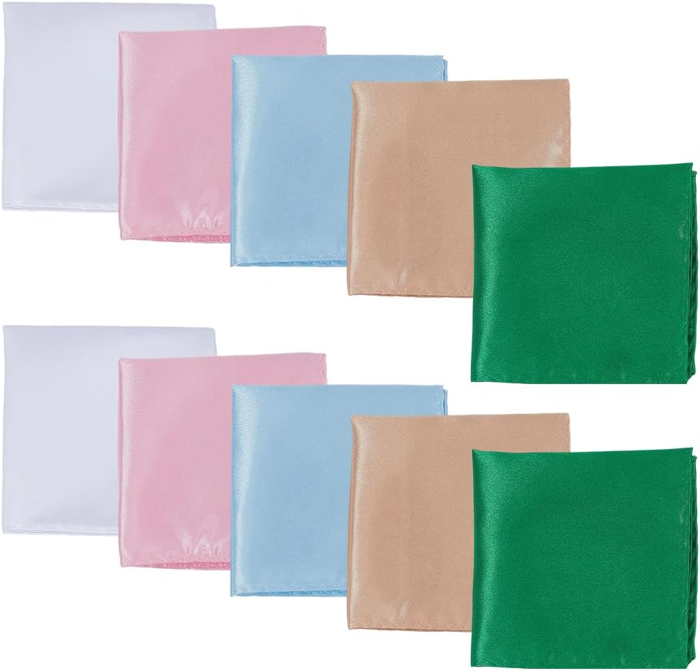 10Pcs Assorted Colored Solid Mens Suit Square Scarf Pocket Squares Scarfs Satin Hankies Silk Handkerchiefs Bulk for Formal Event Suit Accessories Wedding Meeting Business Banquet Supply