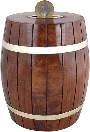 Banco de dinero de madera hecho a mano con barril de latón, caja de ahorro de monedas, alcancía para niños, niñas, adultos (4 x 4 x 5 pulgadas)