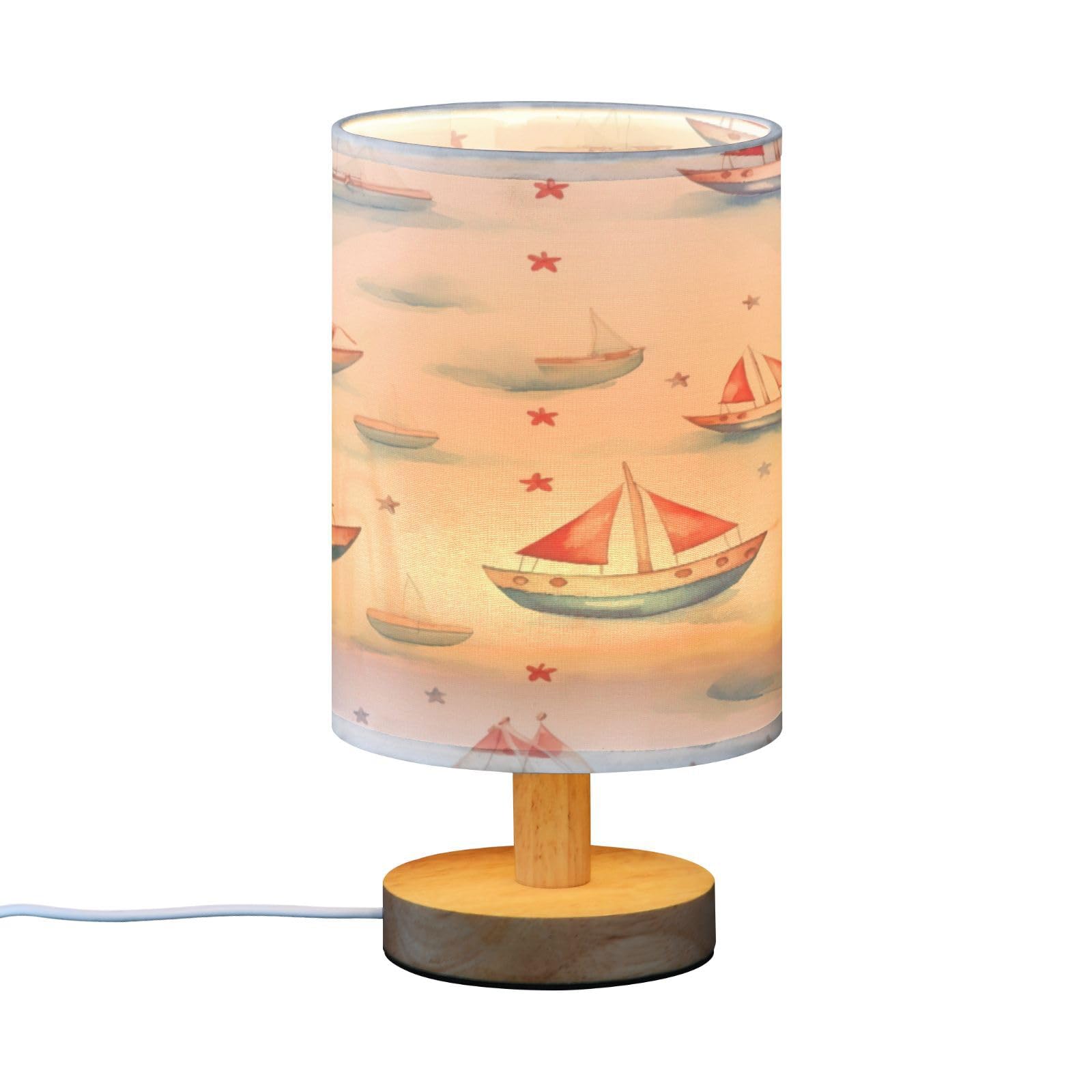 SDMKA Boats Pattern Bedside Table Lamp for Bedroom, Minimalist Nightstand Lamp with Round Fabric Shade for Living Room, Office, No Bulb Required