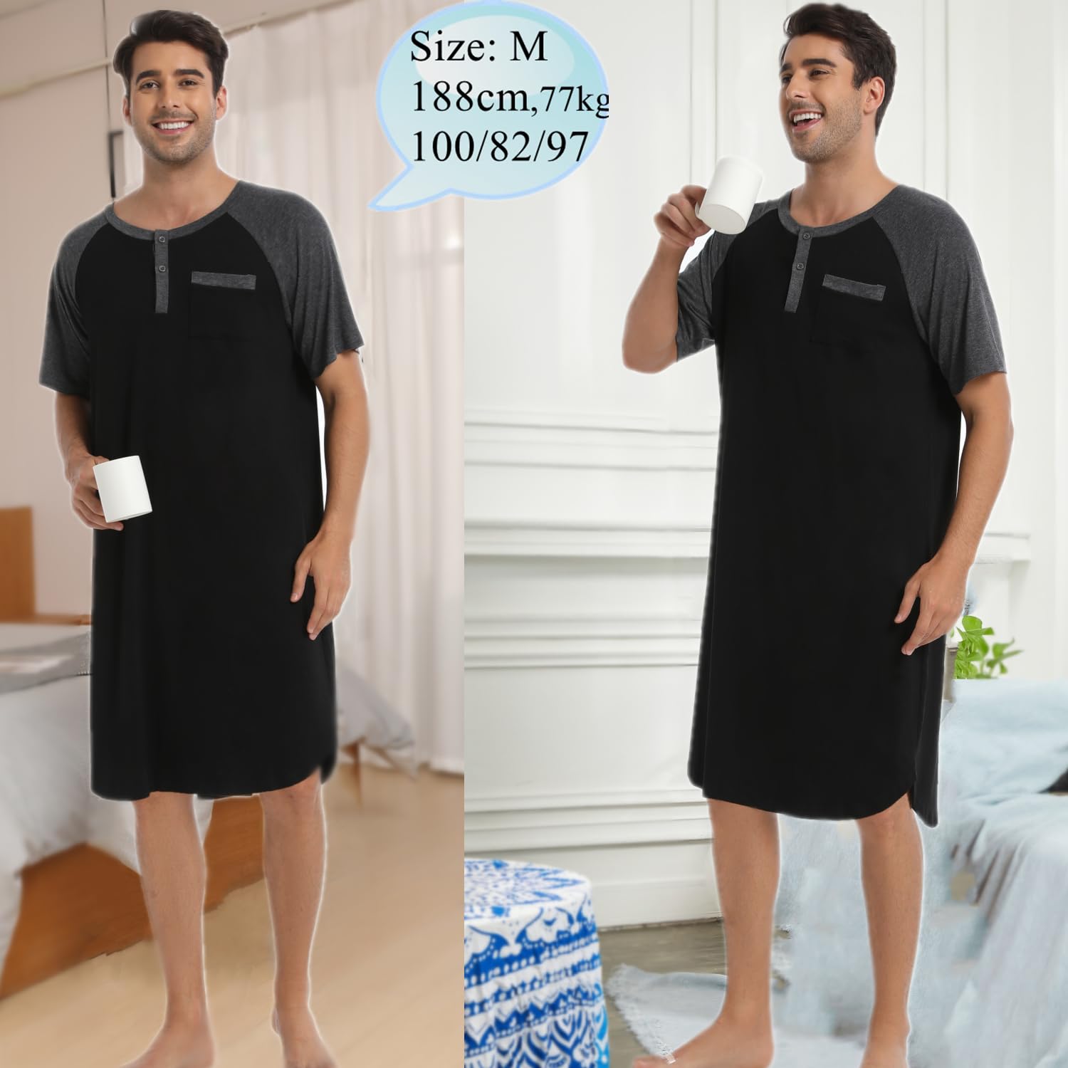 Enjoyoself Camisón Hombre Dormir Camisetas de Pijama Algodón Larga Suave Transpirable Camisa de Noche de Manga Corta Camison Hospital Ropa de Dormir para Descansar