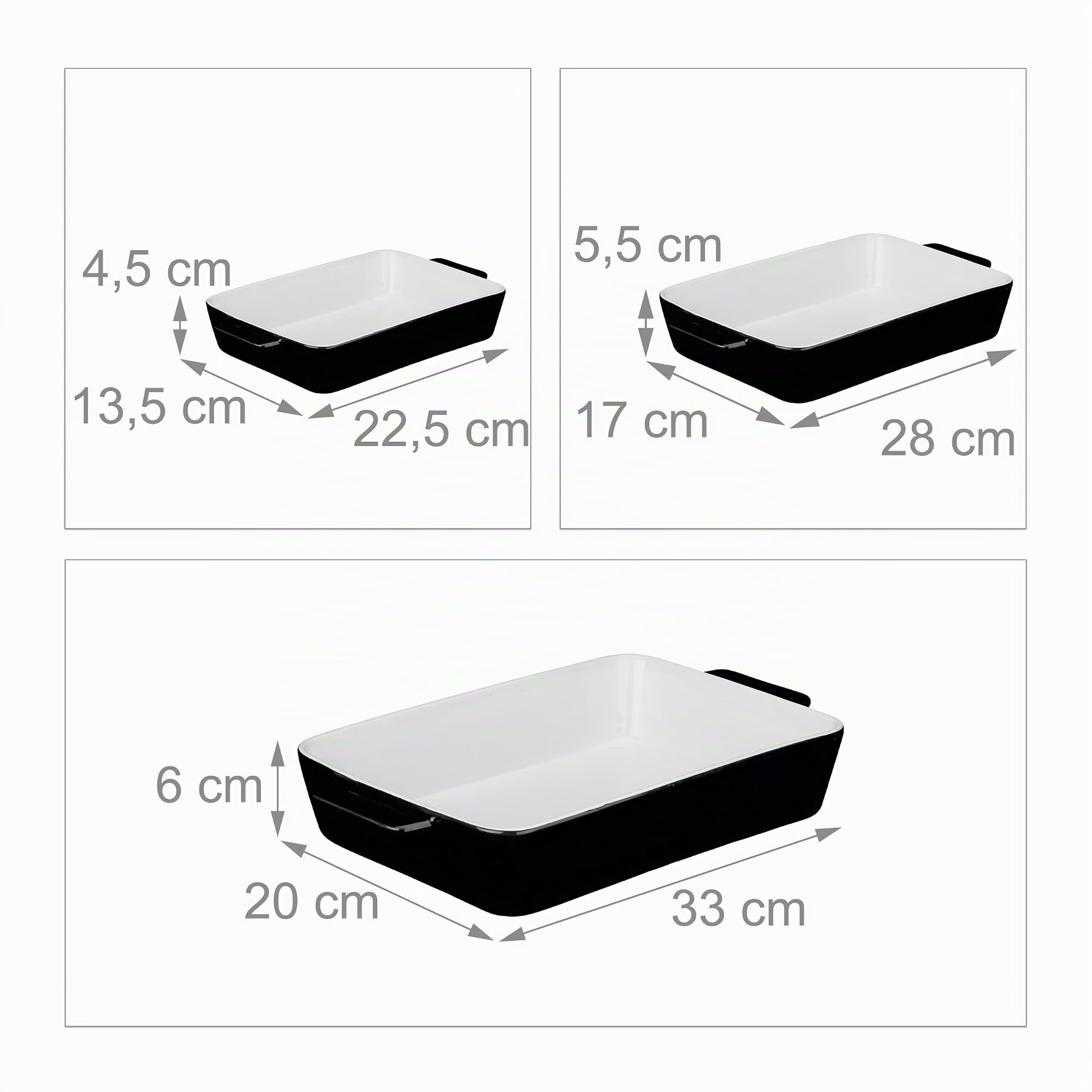 Relaxdays Pack de 3 Fuentes Horno, 3 Tamaños, Rectangular, Cerámica, Apto Lavavajillas, Recipiente Lasaña, Negro/Blanco