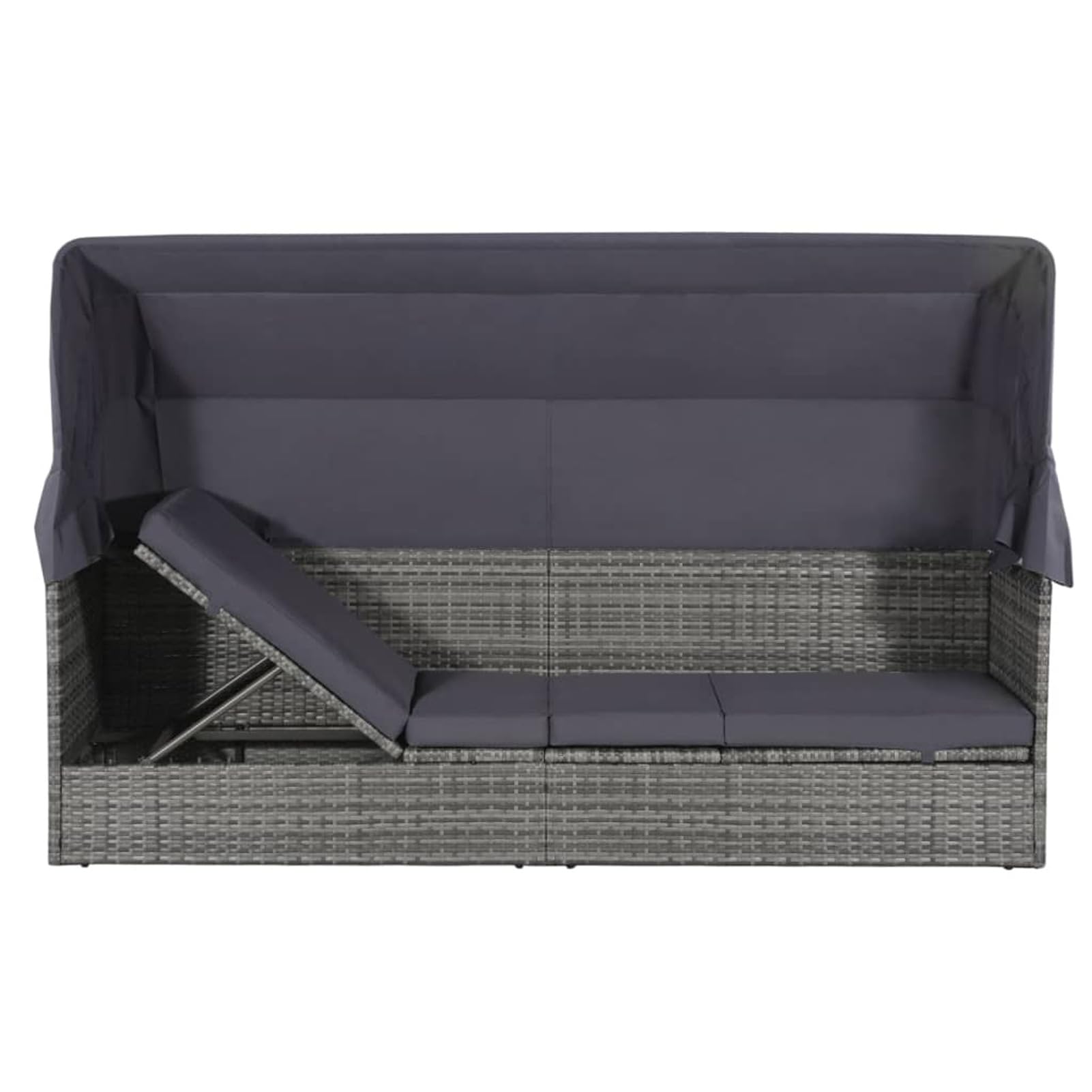 Homgoday Letto da giardino con baldacchino grigio 205 x 62 cm in resina intrecciata, lettino da giardino con schienale regolabile, letto da campeggio per spiaggia, esterno, balcone, terrazza