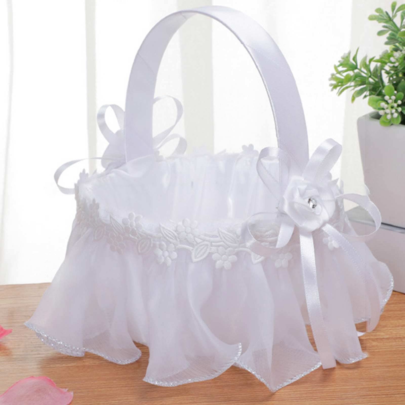 Wnvivi 4Pcs Flower Girl Baskets for Wedding,Pure White Lace Yarn Satin Bowknot Flower Baskets with Folding Handle,Small Petal Basket for Wedding Ceremony(A3)