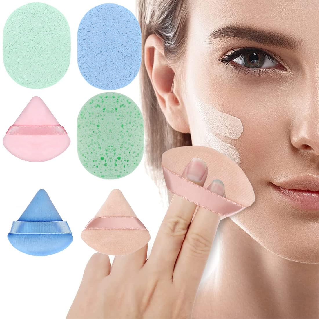 EOUIAV 3 Esponjas Limpieza Facial con 3 Borla Triángulo en Polvo, Esponja Desmaquillante Facial Reutilizable,Herramienta Lavable Reutilizable, para Polvo Suelto o Rubor de Base