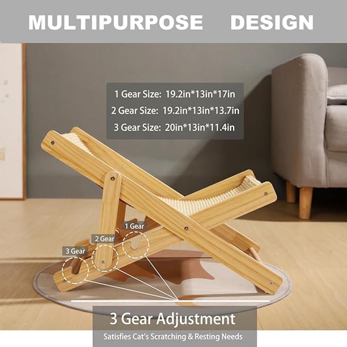 سرير قطط خشبي طبيعي من بابوريتش، ارجوحة للقطط قابلة للتعديل مع وسادة من السيزال، كرسي شاطئ صغير للقطط والجراء والارانب والحيوانات الاليفة الصغيرة الاخرى (سيزال)