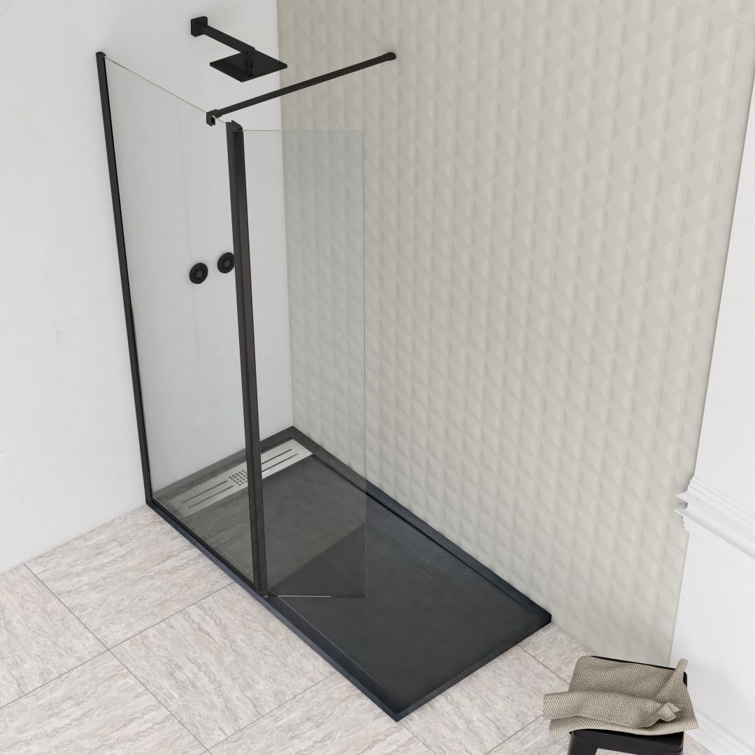 Mamparas de Ducha Fija con Cristal Abatible - Mampara Ducha Fija - Cristal templado 8 mm - Antical - Perfilería Negro Mate - 120 cm (Fijo) + 40 cm (Abatible) Ancho x 200 cm Alto