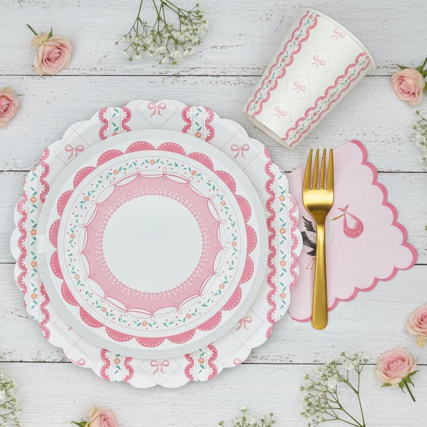 Pink Stork Baby Shower Napkins 16 Pack – It's a Girl Pink Scalloped Cocktail Napkins 5x5 In Disposable 3-Ply Gender Reveal Sip and See Baby Sprinkle Baptism Christening Party Supplies image 5