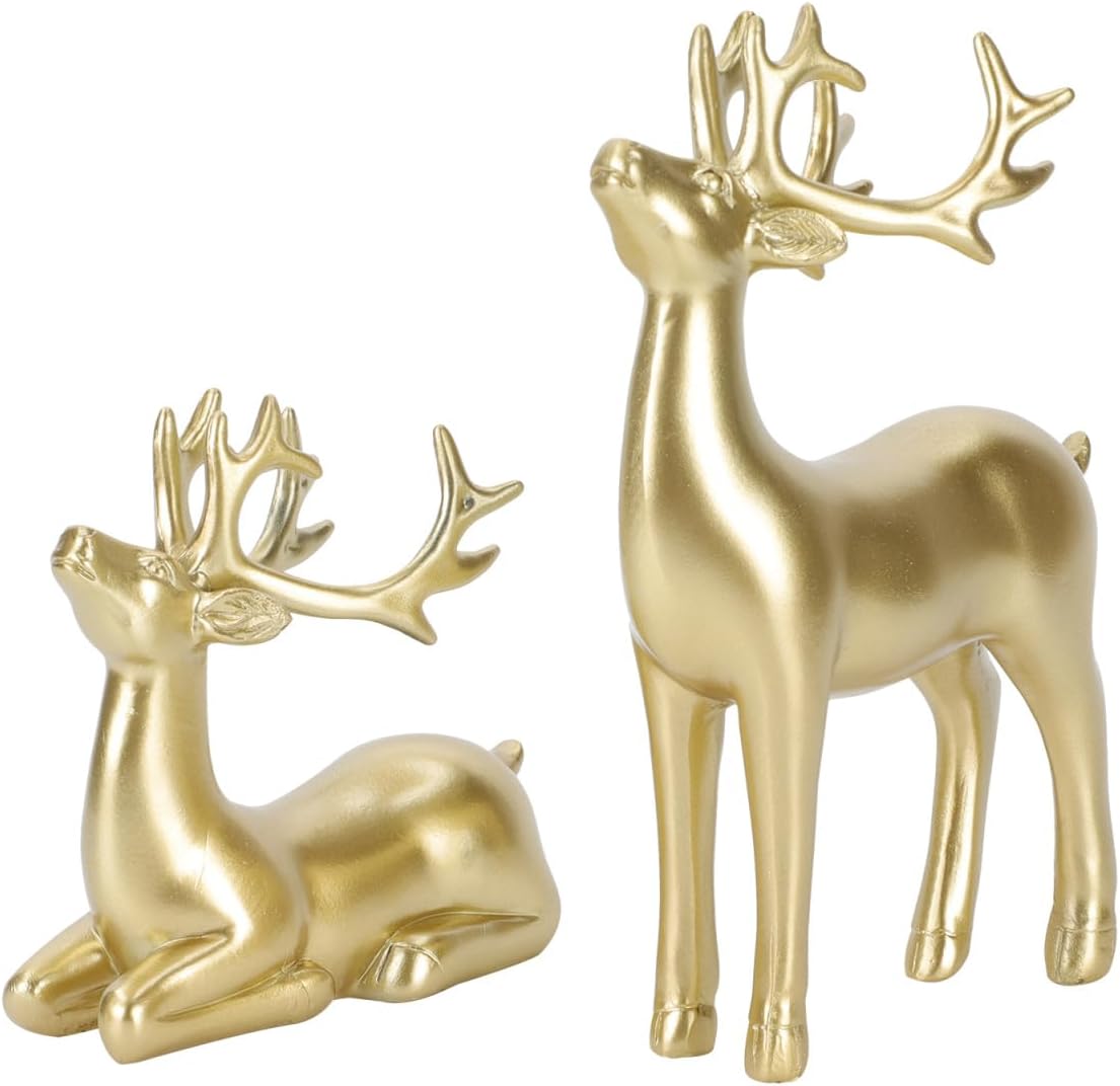 Cabilock 2pcs Christmas Gold Reindeer Decor, Resin Christmas Deer Figurines Ornament for Xmas Creative Study Office Living Room Entryway