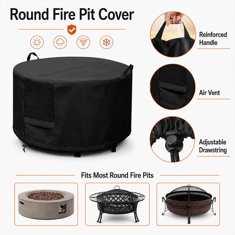 Runde Schutzhülle für ProGarden Round Fire Bowl 75 2020-2026 Outdoor-Schale mit Griffen Belüftung und 420D Oxford-Gewebe Grillabdeckung