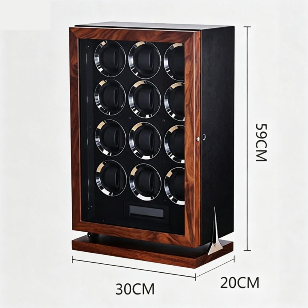 Relojero Automatico, Bobinadora de Relojes Madera Maciza de Nogal Negro 12 Winding Slots | Vertical con Reinicio Automático Totalmente Antimagnético Ultrasilencioso con Iluminación Ambiental Led