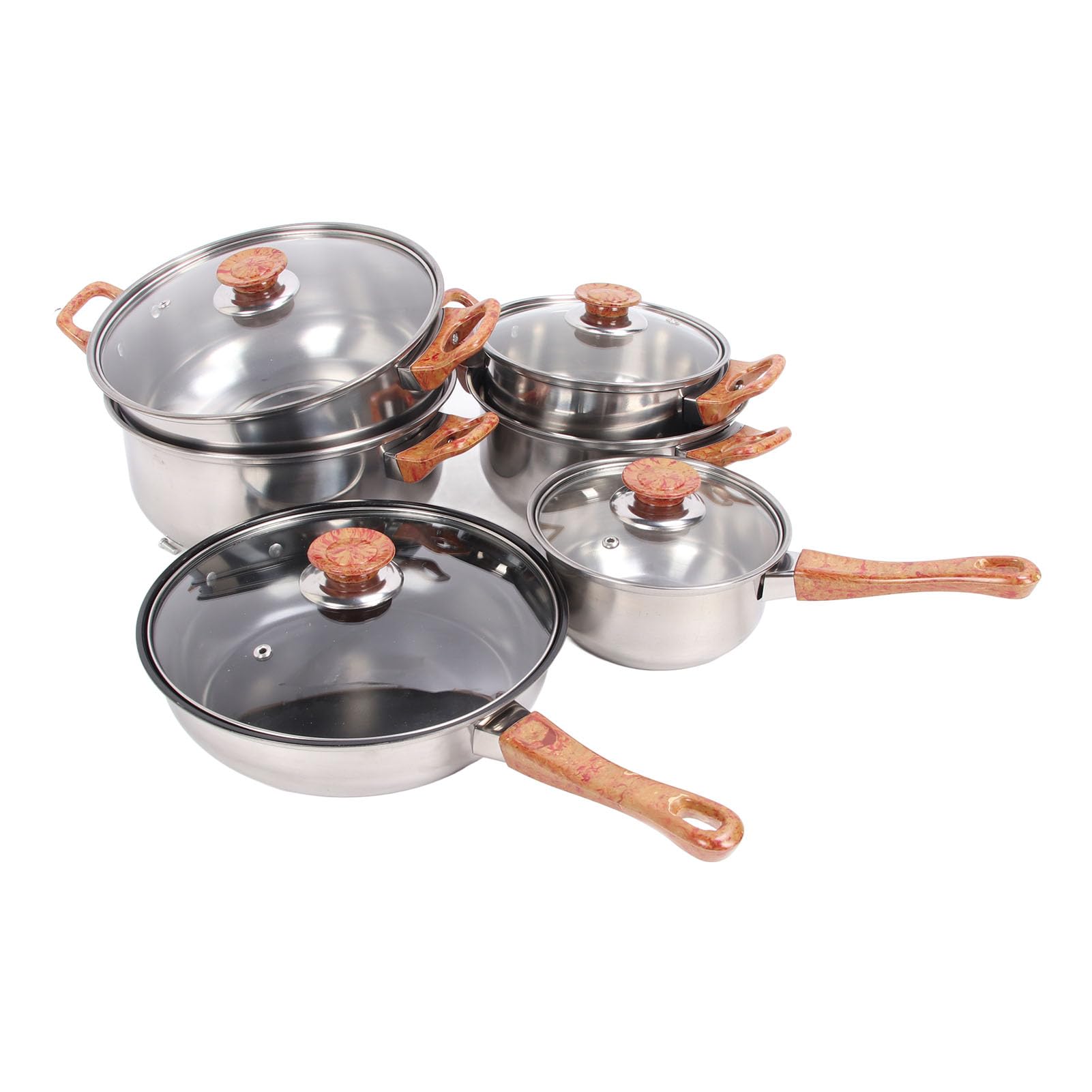 KIMISS Juego de Ollas y Sartenes Multifuncionales, Modelo Veteado de Madera, Acero Inoxidable, Vidrio, Plástico Fenólico con Ergonómico, Juego de Utensilios de Cocina para Sopa - de Utensilios de