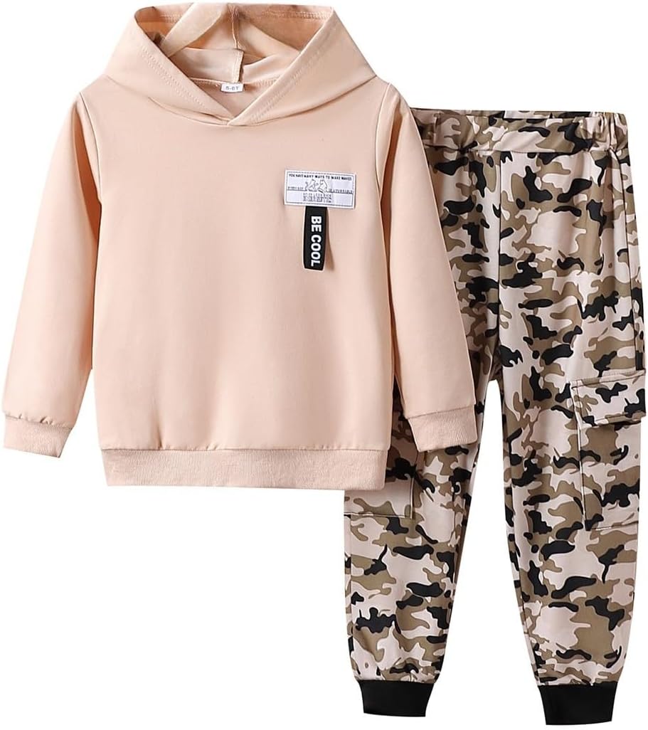 Boys 2 Piece Outfits Long Sleeve Hooded Sweatshirt Top Camouflage Sweatpants Fall Winter Clothing Set 5-10T