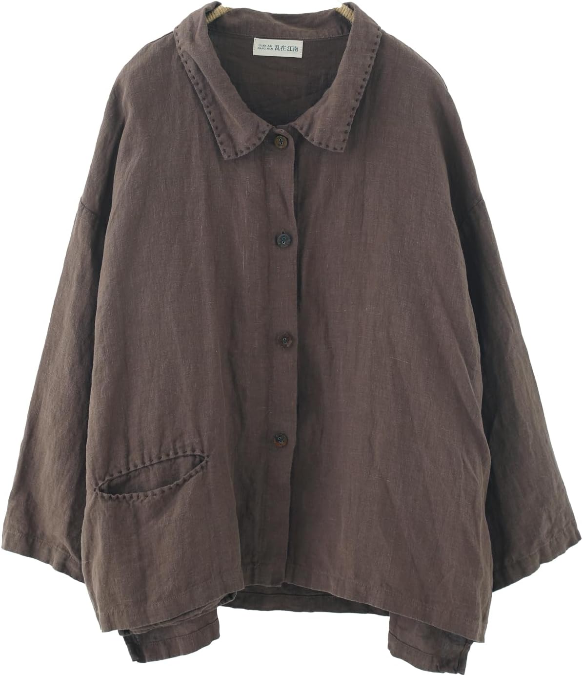 Women's Linen Shirts Lapel Collar Button Down Tops Plus Size Blouse with Pockets Handmade Stitch Vintage Loose Casual Tops - Image 4