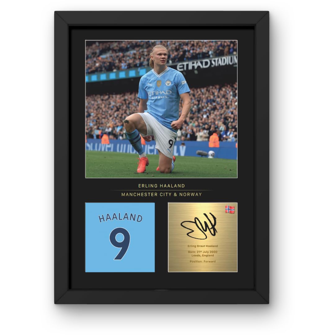 Win FC Erling Haaland A4 Framed Photo Display - Reproduced Digital Signature - Gift For Manchester City Fans