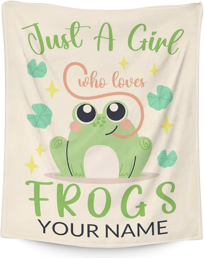 Personalized Frog Blanket Gifts with Name - 30x40 Inches Cute Throw for Girls - Green Soft Fuzzy Blankets for Couch & Office