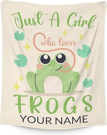 Personalized Frog Blanket Gifts with Name - 30x40 Inches Cute Throw for Girls - Green Soft Fuzzy Blankets for Couch & Office