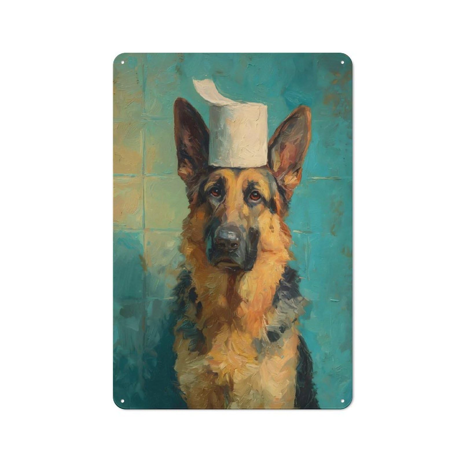 Junmoney Style-16 Vintage Metal Sign 30X20cm Featuring German Shepherd With Toilet Paper Hat For Pub Or Café, Wall Decor For People Reorganising Pub And Café