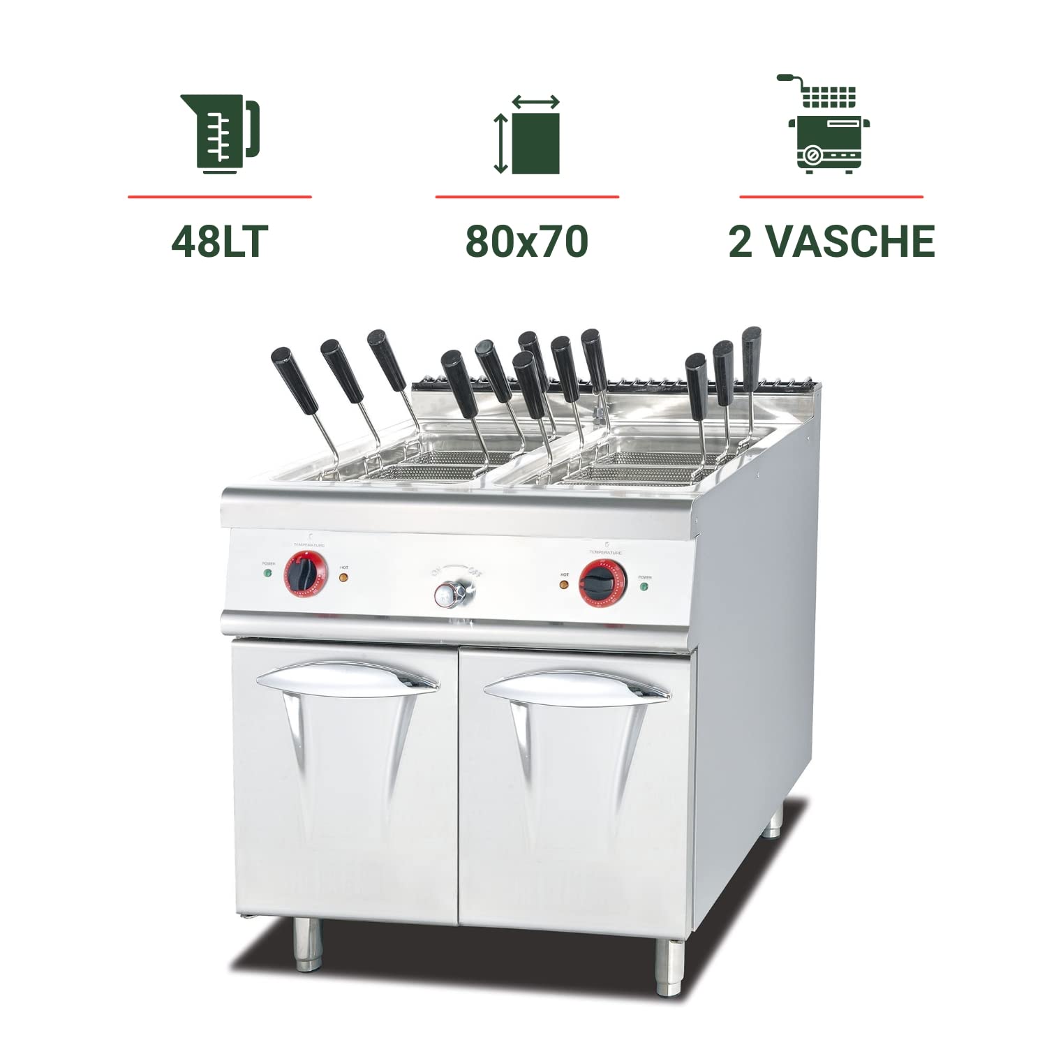 Ristoattrezzature Cuocipasta Elettrico su Vano Chiuso - Acciaio Inox - 2 vasche - Capacità di 24+24 litri S/70-80x70 cm