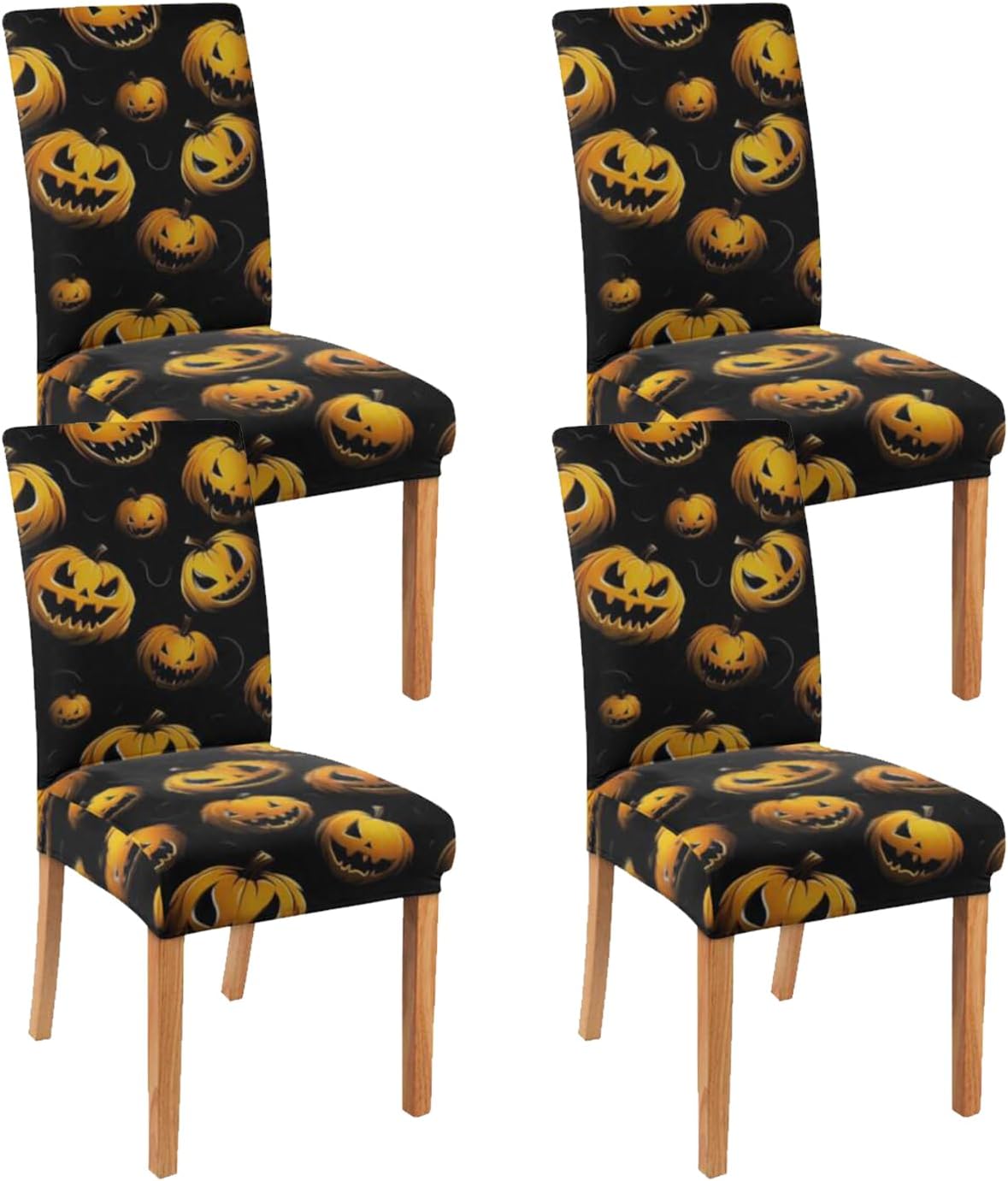 4 Pcs Halloween Dining Chair Covers, Spooky Pumpkin Stretch Removable Washable Seat Slipcovers, Horror Scary Kitchen Dining Room Hotel Decor