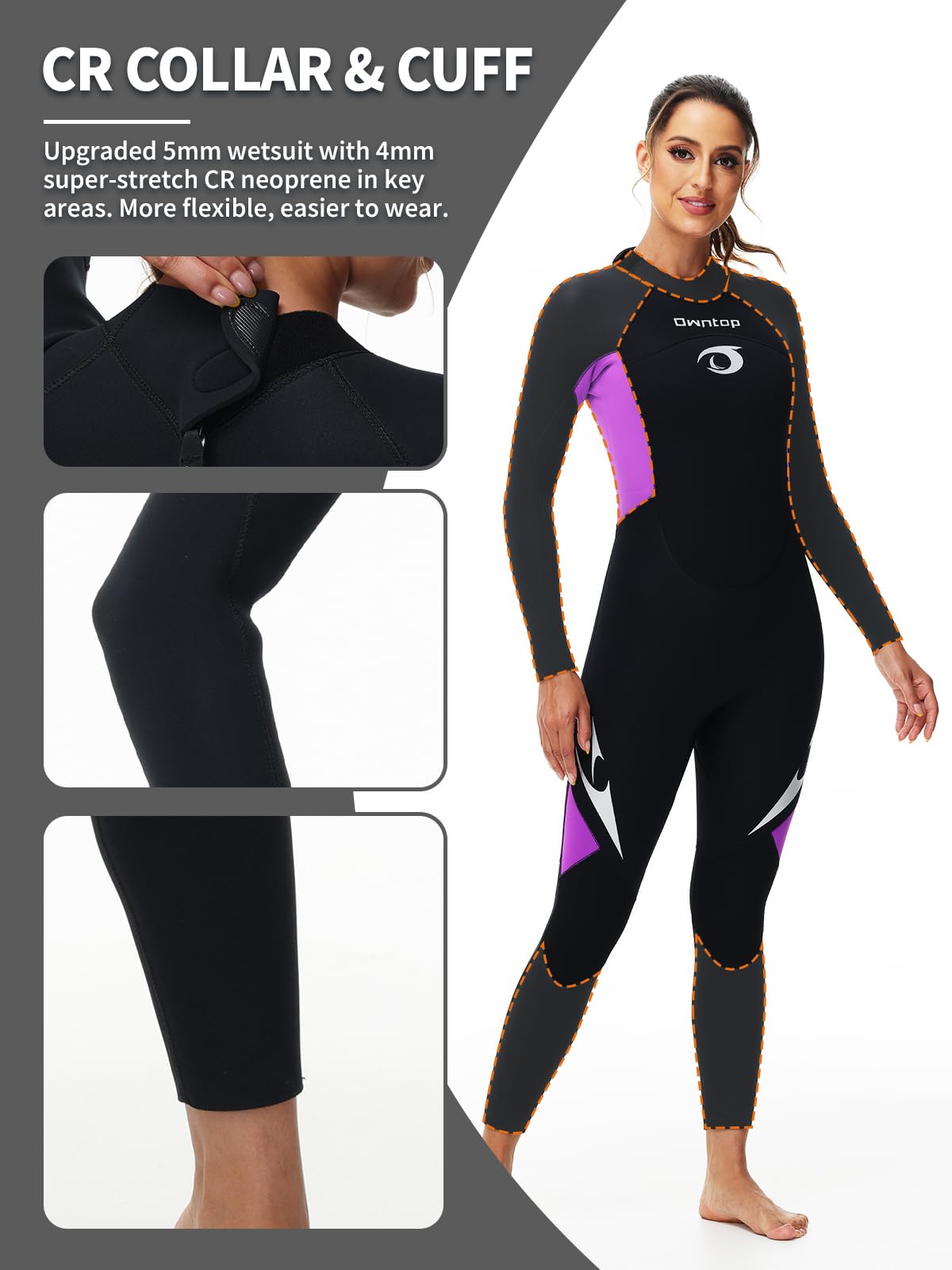 Owntop Muta da 5 mm per uomo e donna, in neoprene, con cerniera posteriore, per adulti, lunghezza intera, termica, flessibile, per immersioni in acqua fredda, surf