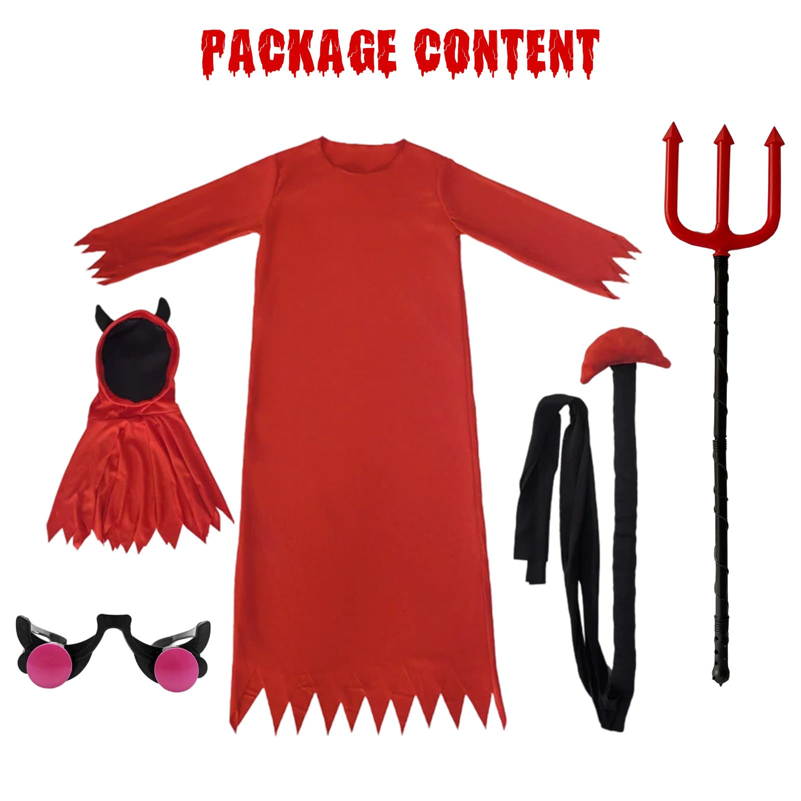 Matreeglam Halloween Horror Costume Kids Unisex Devil Scream Grim Reaper Outfit Accessories with Cape Cloak Trident Glasses for Halloween Carnival Cosplay Party Demons Dress Up (Red - Image 3