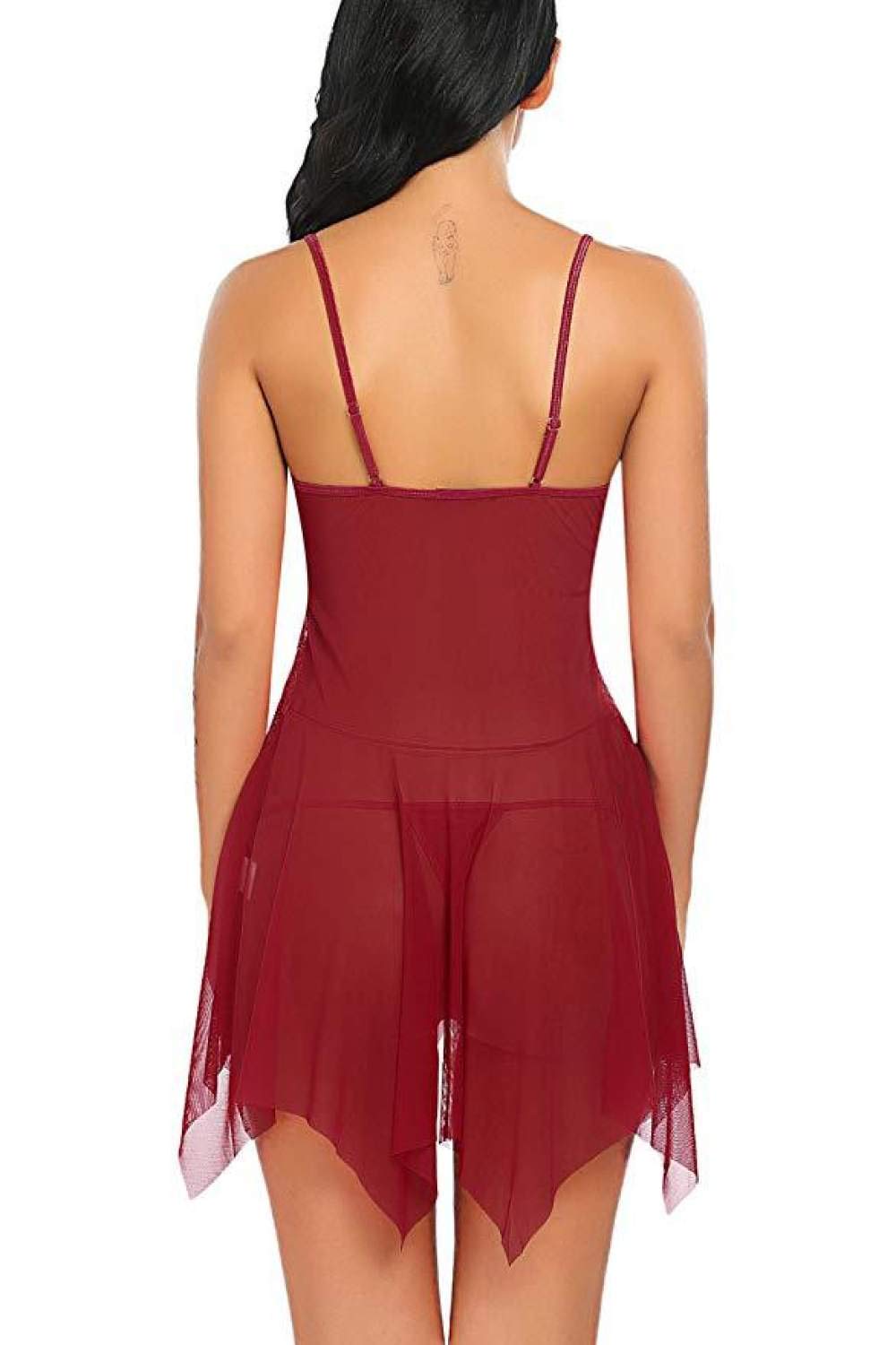 Lencería de Encaje Abierta con Tanga, Espalda Descubierta, Escote en V, camisón de Malla Transparente, Ropa Interior, camisón de Dormir (Vino Rojo S) L