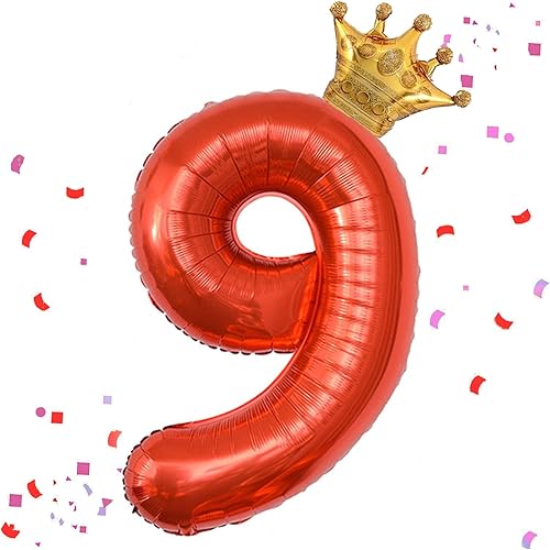 Globo rojo de 40 pulgadas con número 9 y corona pequeña para decoraciones de fiesta de cumpleaños, decoraciones de fiesta de cumpleaños 9,