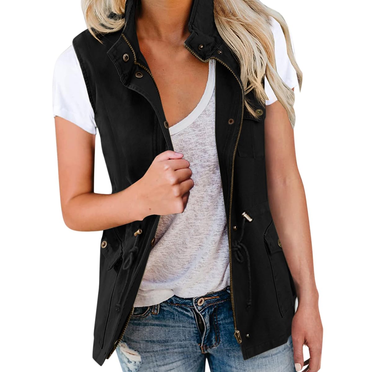 Minetom Femmes Poches Fonctionnelles Cordon De Serrage Taille Gilet Cargo Veste Sans Manches Blouson Reporter Travail Camping Randonnée Outwear