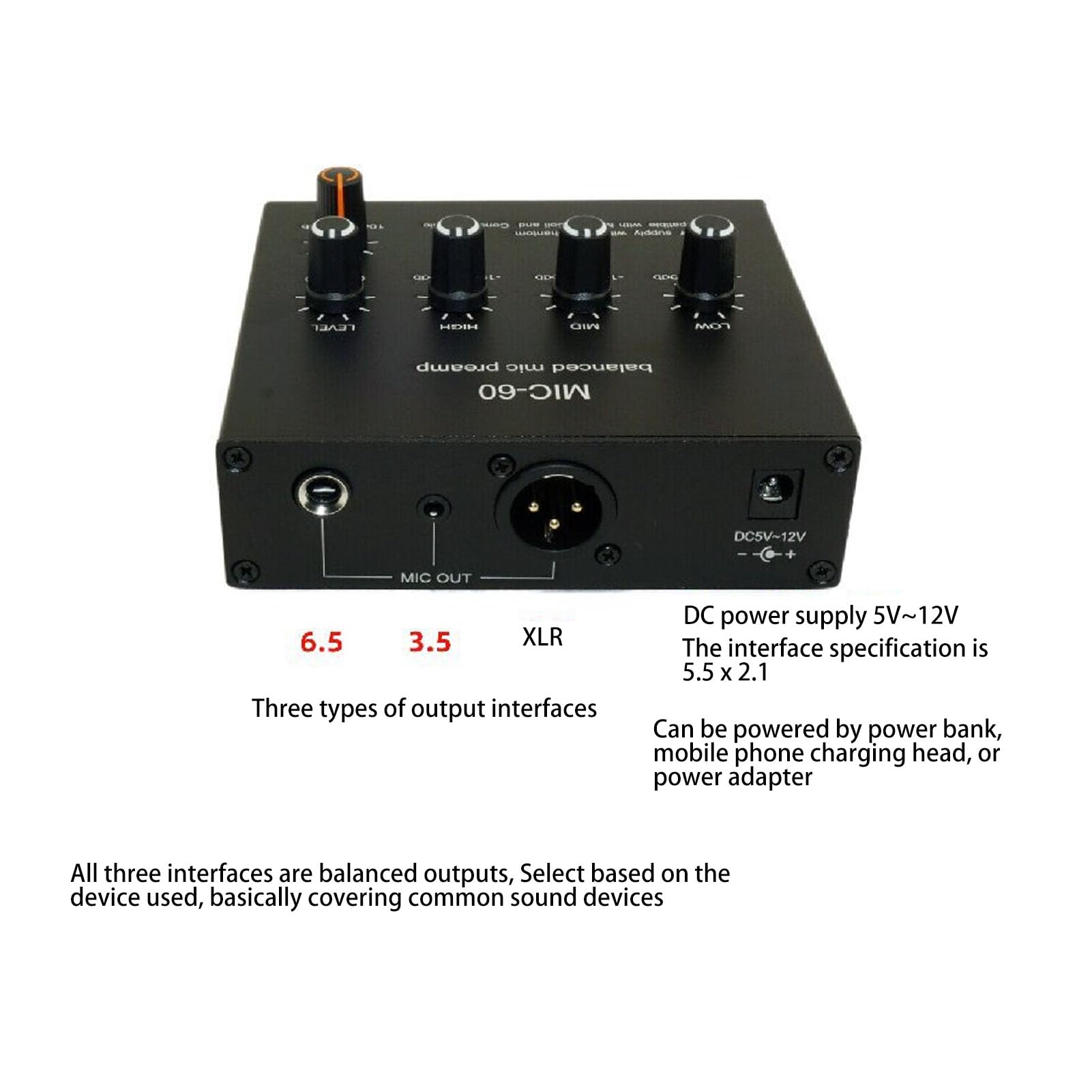 CHICIRIS Preamp de Micrófono 60dB de Ganancia de Micrófono, 3.5 Mm de 6.5 Mm XLR Intput Output Preamplificador con Potencia Fantasma de 48V, AMP Dinámico de Micrófono y Condensador para