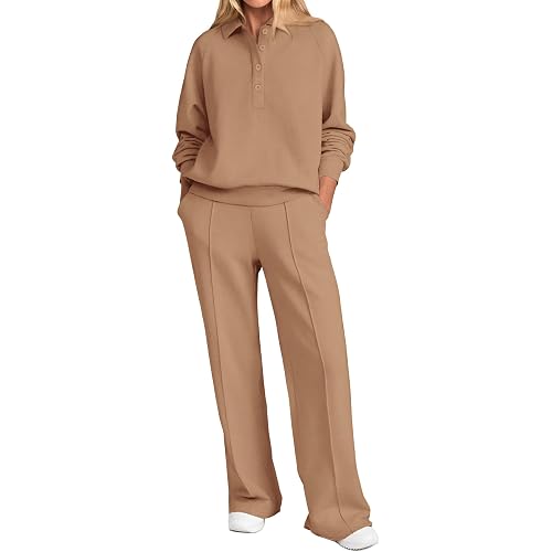 PRETTYGARDEN Women Fall 2 Piece Outfits Sweatsuits Quarter Button Long Sleeve Sweatshirt Wide Leg Pants Tracksuit Lounge Sets