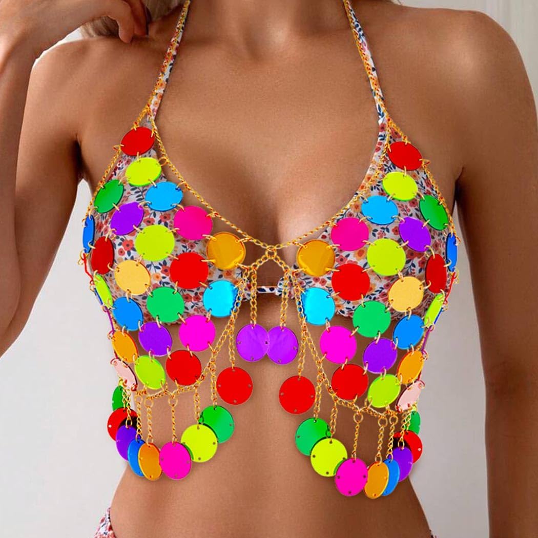 Nicute Sequins Body Chain Bra Colorful Halter Chest Chain Bikini Top Jewelry Sexy Beach Tassel Bra Jewelry for Women